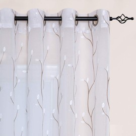 White Sheer Curtains for Bedroom 84 Inch Length Floral Embroidered Sheers for Living Room Embroidery Voile Grommet Window Curtain 2 Panels White