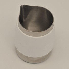 rattleware 12 oz Macchiato Pitcher, Handle Free, Stainless Steel, with White Rubber Shell, 27212
