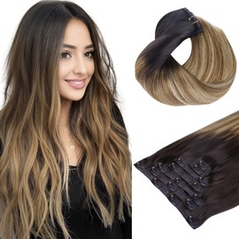 HOTBANANA Seamless Clip in Hair Extensions 18 inch 130g 7pcs Balayage Ombre Brown to Dirty Blonde Clip in Remy Human Hair Extensions Straight Hair Invisible PU Skin Weft
