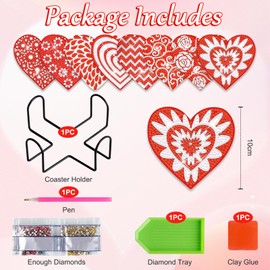 Yiomxhi 8 Pcs Diamond Painting Coasters with Holder, Valentine's Day Diamond Art Coasters Kit, Heart DIY Craft Kit Wooden Coasters Art Supplies Gift for Beginners Adults