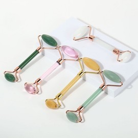 Manual Metal Double-Headed Jade Stone Face Roller & Lifting Scraper Massager Roller - Brown 5ea