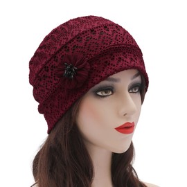 ZLYC Women's Summer Beanie Hat Elastic Chemo Hat with Flowers, Boho Flower Red, Unit size