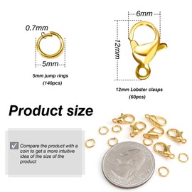 Toaob 200 x Lobster Claw Clasps Gold Clasp 12 x 6 mm and Jump Rings 5 mm Open Metal for Bracelet Clasp Necklace Jewellery Making