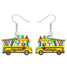LONYOO Back to School Bus Earrings Dangle Jewellery Acrylic Funny Truck Car Gifts for Teacher Women Girls Kids Charms, Acrylic, No Gemstone