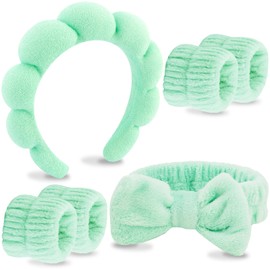VELSCRUN Spa Headband, Makeup Face Wash Skincare Headbands, 6 Pcs Bright Green Sponge Bow Tie Get Ready HairBand Facial Wristband Set, Stuff for Teen Girls Women Trendy Fashion Hair Accessories