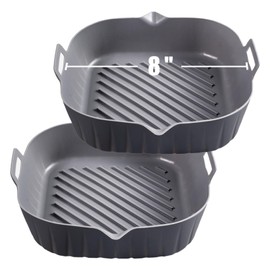 Golden Associate Silicone Liners Square 8 Inches for Air Fryer, 2 Pcs Non-stick Food-grade Reusable Silicone Pot Baking Tray Basket Bowl Oven Airfryer Accessories Grey