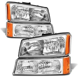for 2003 2004 2005 2006 Chevy Silverado Headlight Assembly compatible with 03-06 Silverado Avalanche 1500/2500/3500 Clear Lens Chrome Housing Amber Reflector Headlamp Replacement Pair