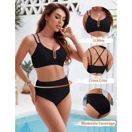 BMJL Womens High Waisted Bikini Sets Modest Tummy Control Swimsuits Cutout Crisscross Ruched Two Piece Bathing Suit(Black,M)