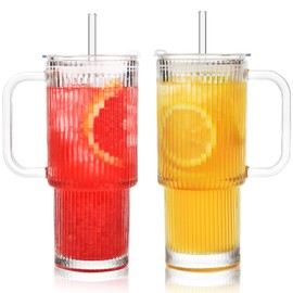 ALINK 26 oz Ribbed Glass Tumbler with Handle Lid and Straw, 2 Pack Ripple Large Iced Coffee Cups with Straws, Aesthetic Glass Travel Tumbler for Hot & Cold Beverages, Smoothies, Tea and Juice - Clear
