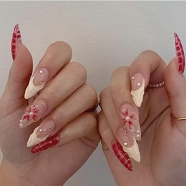 Almond Press on Nails French Tip Fake Nails with 3D Flower Design Glue on Nails Pearl Rhinestone Artificial Nails Glossy Medium Acrylic Nails Full Cover Stick on Nails for Women 24 Pcs