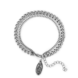 BIYONGDE Two-row Stainless Steel Link Chain Bangle Bracelet with Dangling Virgin Mary Charm, Doule Layer Link Chain Bracelet for Men, for Protection and Religion Prayer, Christian Faith Jewelry