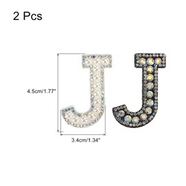 MECCANIXITY Iron on Decorative Letter J Black White Patch Glitter Alphabet Applique Rhinestone Pearl English Letter for DIY Clothes Repair Hats Bags Pack of 2