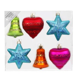 MAGIC Set of 6 Christmas Baubles Plastic 9 cm Shapes Assortment Bell Heart and Star Christmas Tree Decoration Christmas Decoration Christmas Decoration Mille-Fiori (Colourful)