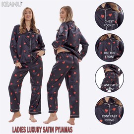 Keanu Ladies Satin Pyjamas - Long Sleeve Top with Long Bottoms - Silk Satin Pjs Soft Button Down Sleepwear Set Loungewear - Sizes 8-20 (Black Hearts Print, 20-22)