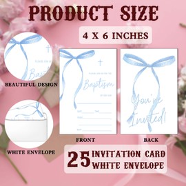 SIXEIGHT Boys Baptism Invitation with Envelopes, 25 Pack Blue Bow Baptism Invitation Card for Boys, 4x6 ''Religious Christening Celebration Invites, Baptismal Mass Reception Lunch Brunch Party-DX27