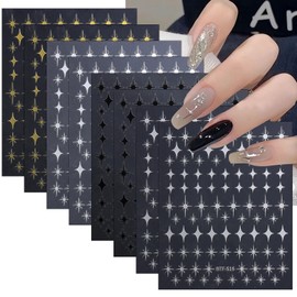 8 Sheet Shiny Gold Stars Nail Stickers 3D Self-Adhesive Four-Pointed Star Nail Decals Gold Black Silver Star Nail Design Stickers Pegatinas Uñas for Women Girl Nail Decorations Nail Art Supplies