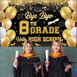 XIEXIEYOU Bye Bye 8TH Grade Hello High School Backdrop Large Size 8TH Grade Graduate Banner for 8TH Grade Graduation Party Decorations Supplies