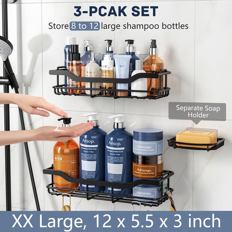OMAIRA 3-Pack Shower Caddy with Soap Holder, Adhesive Rustproof No-drill