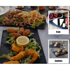 4 Pcs Slate Cheese Boards, 40 x 20 cm (15.7 x 7.8 in) Charcuterie Tray with Natural Edge, Black Stone Rock Style sushi Plates for Kitchen Dining Party, Fruit, Appetizers Dried, Fruits, Sushi, Bread