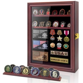 LIUYALO Medals Display Case Wall Frame for Collector, Military Challenge Coins Holder, Military Pins, Lockable Shadow Box with Removable Shelves Red