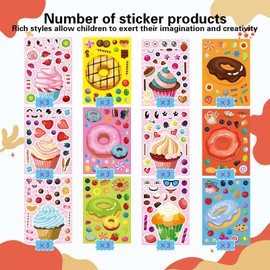 36 Pieces Make-a-face Stickers Pack, Mixed & Matched with 12 Designed(3 of Each) Stickers, Make Your Own Stickers Cakes & Doughnuts for Kids Teen Party Decoration, Reward, Decor, Gift Idea