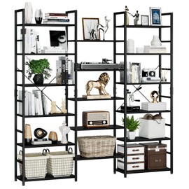 NUMENN Triple Wide 6 Tier Bookshelf, Rustic Industrial Style Bookcases and Bookshelves with 17 Open Display Shelves, Modern Tall Bookcase Furniture for Bedroom, Living Room and Home Office, Black