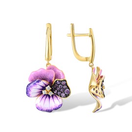 Santuzza 925 Sterling Silver Peony Earrings Amethyst Cubic Zirconia Enamel Purple Flower Dangle Earrings for Women