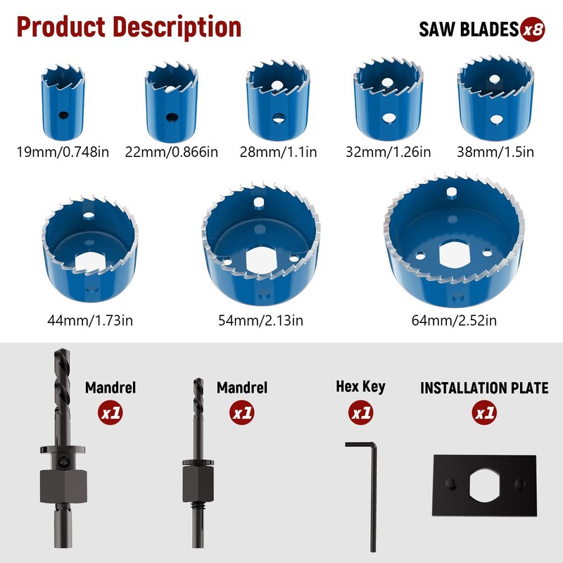 12-Piece Hole Saw Kit, Includes 8 Sizes (3/4" to 2-1/2"),