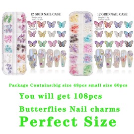 COOSLIM COOSLIM 108 Pcs Butterfly Bow Nails, Butterfly Bowknot Nail Charms Kit,3D Mix Color Aurora Butterflies Shape Bows Nail Art Decorations, Butterfly Nail Charms for DIY Crafts Design B11