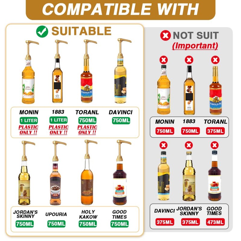 10 Pcs Gold Coffee Syrup Pump, Compatible with 25.4 Oz/750ml