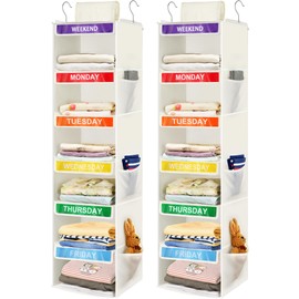 Fivebop 2 Pack 6-Shelf Weekly Clothes Organizer for Kids, Hanging Daily Closet Organization with 6 Side Pockets, Days of The Week Clothing Divider Storage for Boys and Girls (White)
