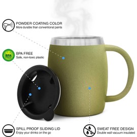 Stainless Steel Insulated Coffee Mugs Set of 2 (14oz) – Double Wall Coffee Cups With Spill Resistant Lid & Strong Handle, Shatterproof Cups for Cold Drinks, Hot Beverages, Indoor & Outdoor Use