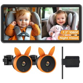Babyvue Baby Car Dual Cameras 7.2" 1080P HD Display Split-Screen Baby Monitor Rear View