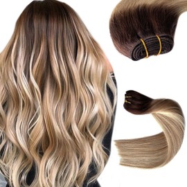 Sew in Hair Extensions Real Human Hair, 16 Inch 100G Weft Hair Extenions Human Hair Weave Bundles Ombre Brown Balayage Blonde Highlights Hand-Tied Weft Hair Extensions Human Hair Weave for Women