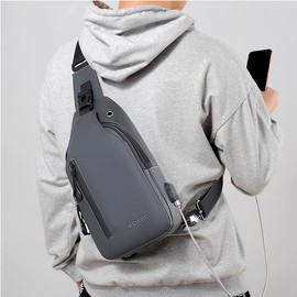 Hjkiopc Waterproof Sling Bags Mens Anti-theft Shoulder Crossbody Backpack with USB Charging Port& Headphone,Outdoor Lightweight Bag (Grey)