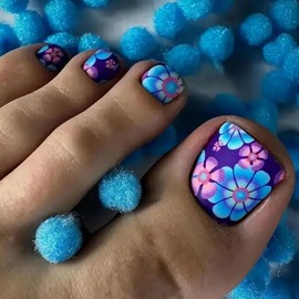 BABALAL Toe Press on Nails Square Fake Toe Nails Blue Purple Glue on Toe Nails for women Flower Coquette Toe Acrylic Nails 24Pcs Summer Gel Toe Nails Supplies