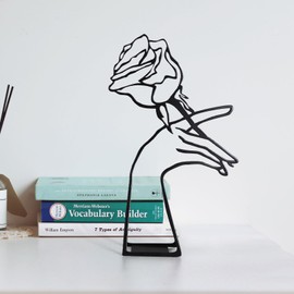 KOLYMAX Creative Abstract Decor The Rose & Hand Statues and Sculptures，Metal Hand Crafted Abstract Modern Sculptures Office Desk Decor, Wrought Iron Line Characters Bookcase Decor Iron Art for Home