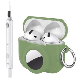 Seltureone Compatible with AirPods 4 and AirTag 2 in 1 Case, Soft Silicone Protective Case Cover Compatible with AirPods 4th Generation with Cleaning Kit & Carabiner - Matcha Green