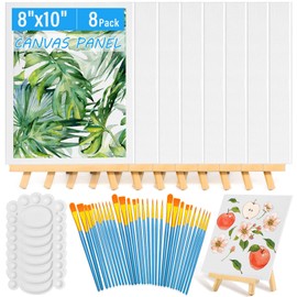 shynek 54 Pack Canvas with Easel Set 8 x 10 Inch Canvas Boards with Wooden Easels, Paint Brushes Canvas Panel Painting Kit for Acrylic Oil Watercolor Beginners Art Crafts Sip and Paint Party
