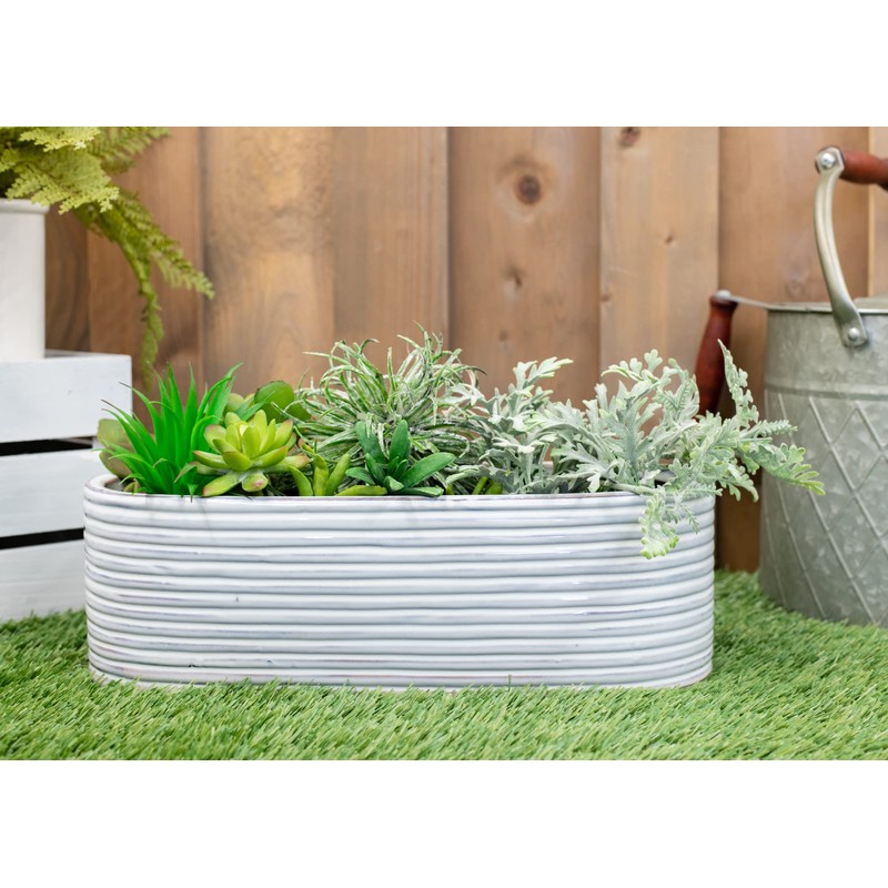 Napco Distressed White Ribbed Oval 15 x 6 Ceramic Table