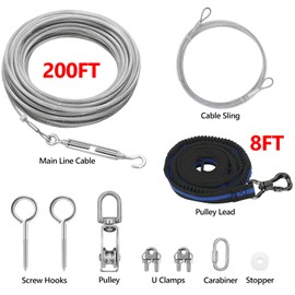 XiaZ Dog Tie Out Cable, 200ft Trolley Runner Cable for Dogs up to 250lbs, Dog Lead for Yard, Camping, Outdoor, with 8 Ft Nylon Bungee Runner, Cable Sling to Protect Trees