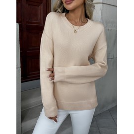 Zeagoo Fall Sweaters for Women 2025 Long Sleeve Crewneck Ribbed Knit Pullover Sweater Loose Fit Basic Cream Jumper Tops L