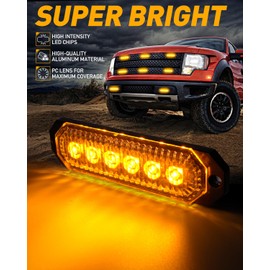 HLauto 406T Emergency Strobe Grille Lights: 4Pcs 6 LED Sync Feature Safety Warning Flashing Light, 12V-24V Ultra Slim Surface Mount Hazard Caution Light for Truck, Vehicle, Car, ATV, UTV (Amber)
