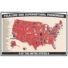 Folklore and Supernatural Phenomena of The United States Map Chart Bigfoot Spooky Urban Legends Myths Ghosts Monsters Cryptids Laminated Dry Erase Sign Poster 12x18