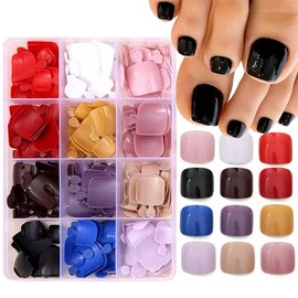 12packs 288pcs Press On Toenails Short Square Fake Toenails Solid Color False Toenails With Design Full Cover Acrylic Toenails Glossy Glue On Toenail For Women Manicure Decorations