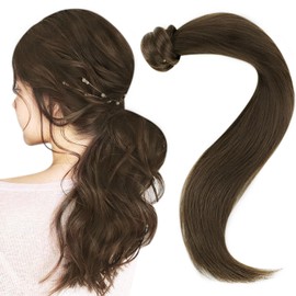 Easyouth Dark Brown Ponytail Extension Human Hair Ponytail Extension Darkest Brown #2 Pony Tails Hair Extensions Human Hair Ponytail Extension 12Inch 70g