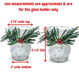 Holiday Berry and Holly Candleholders Set of 2 White Frosted Glass with Greenery and Red Berry Design 3.5" H