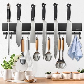 Dmore magnetic knife holder for wall—with 10 hooks, No Drilling 17 Inch black knife magnetic strip, Extra Strong Magnet knife rack, include Adhesive Tape and screws for Knives and Tools