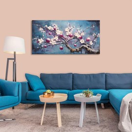 Flower Canvas Wall Art Plum Blossom Pink Bathroom Decor Wall Art Floral Picture for Living Room Wall Decorations Blue Grey Background Painting Modern Flower Canvas Print for Bedroom Home Office Décor