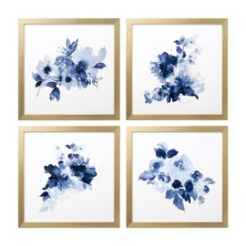 ArtbyHannah Framed Bathroom Wall Art, Blue Watercolor Flowers Wall Decor Gold Picture Frame Collage Set (4 Pack 10x10 inch)